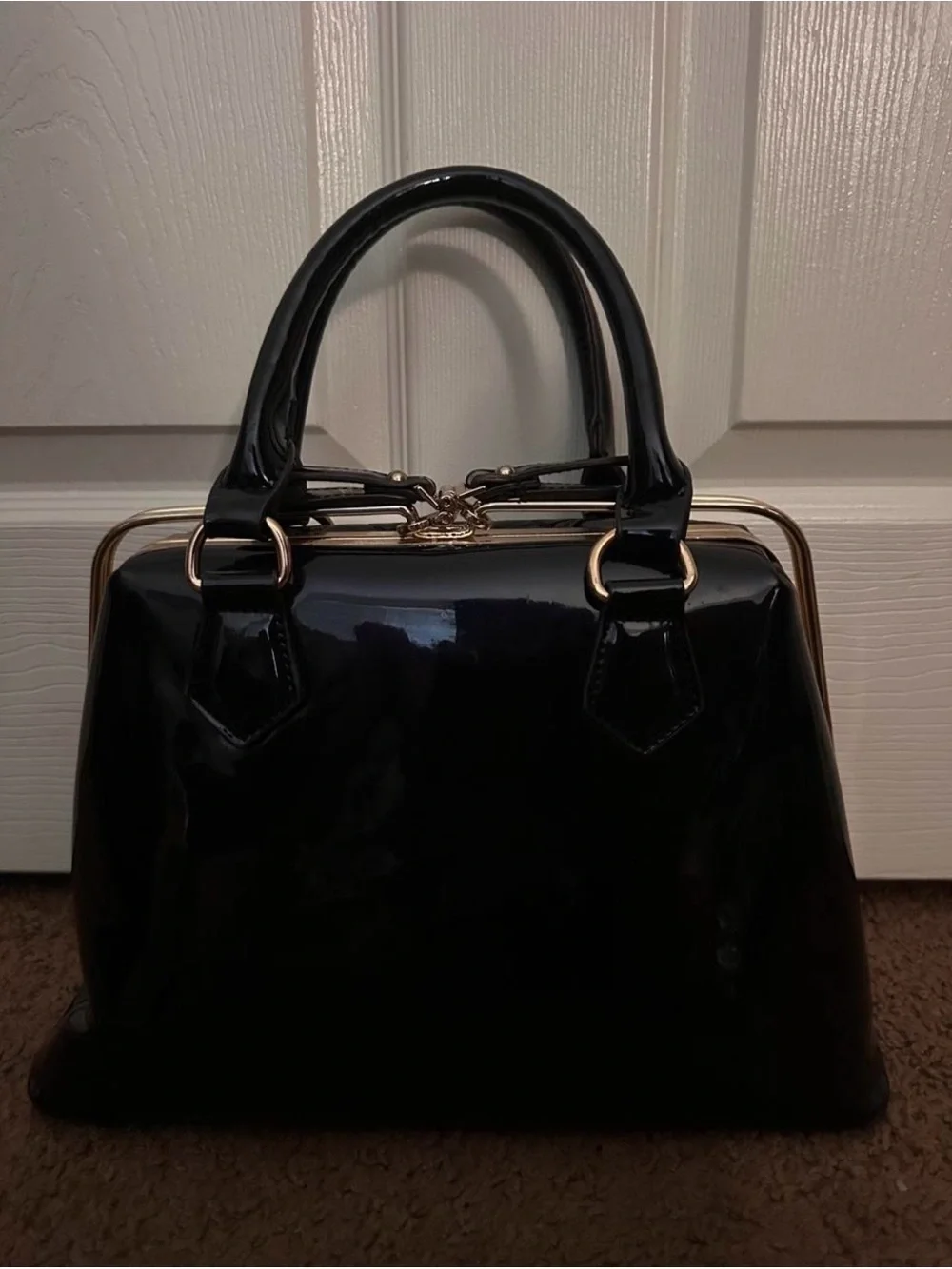 Quilted Patent Leather Satchel Handbag - Black